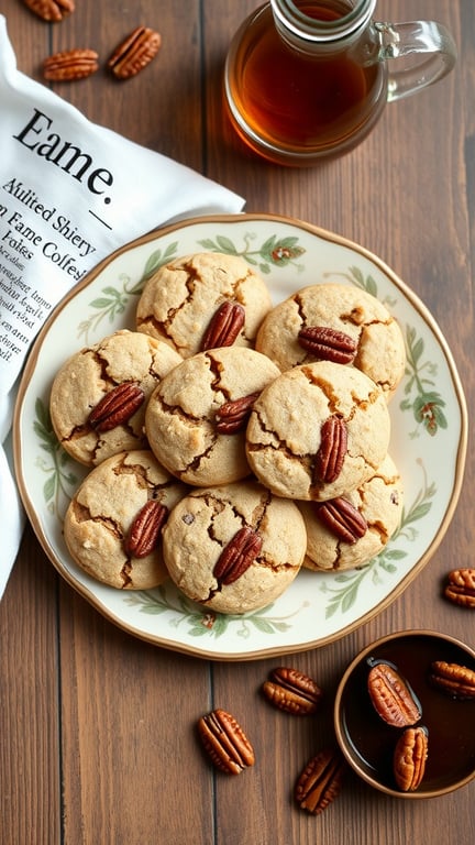 A plate of Maple Pecan No-Bake Cookies topped with pecans, with a jar of maple syrup in the background.