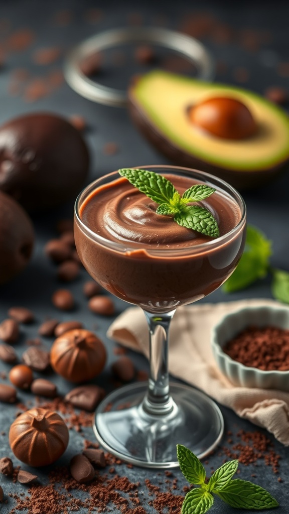 A glass of chocolate avocado mousse garnished with mint leaves, surrounded by chocolate pieces and an avocado.