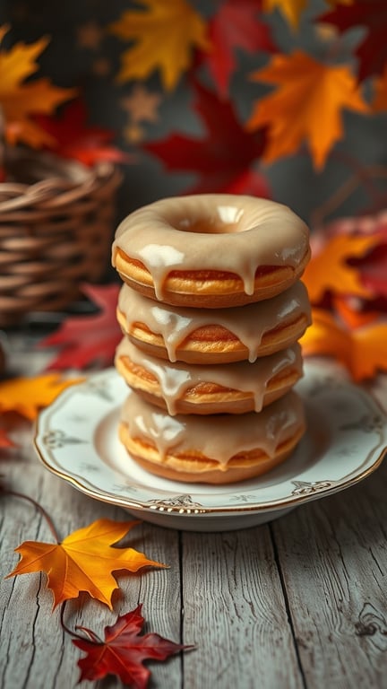 A stack of maple glazed donuts on a decorative plate, surrounded by autumn leaves.
