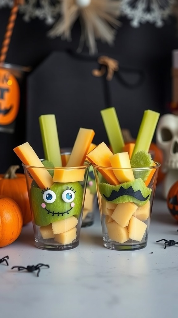 Colorful fruit cups designed to look like Frankenstein, featuring green apples, melon, and celery sticks.