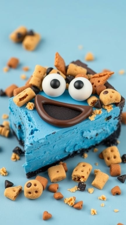 A slice of Cookie Monster Cheesecake decorated with cookies and candy eyes on a blue background.