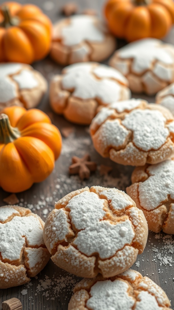 Pumpkin spice cookies with powdered sugar and small pumpkins