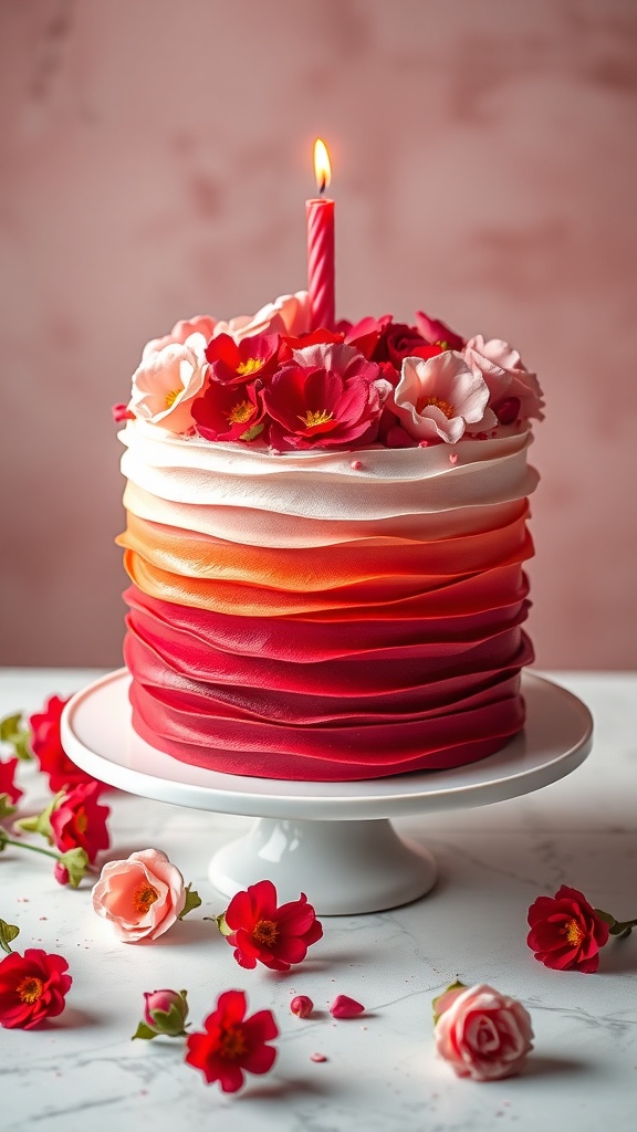 A classic red ombre birthday cake with flowers and a candle on top.