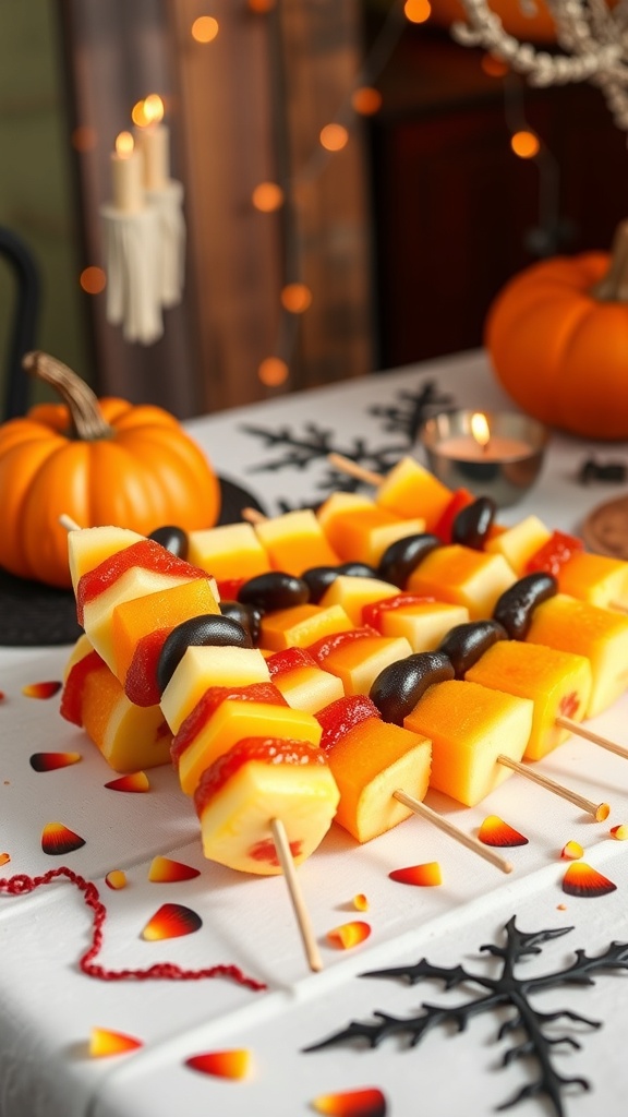 Colorful fruit kebabs resembling candy corn, featuring pineapple, melon, and black olives.