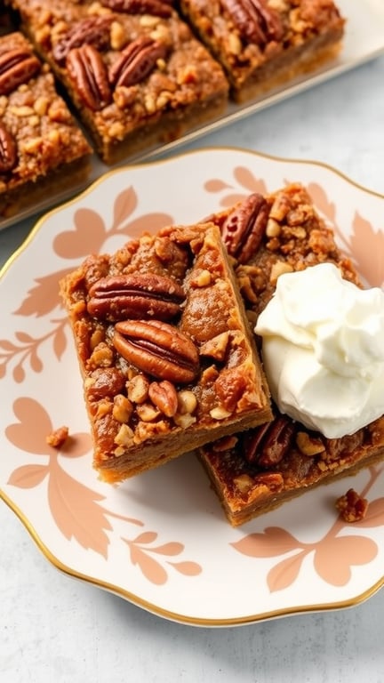 Pecan Pie Bars topped with whipped cream on a decorative plate