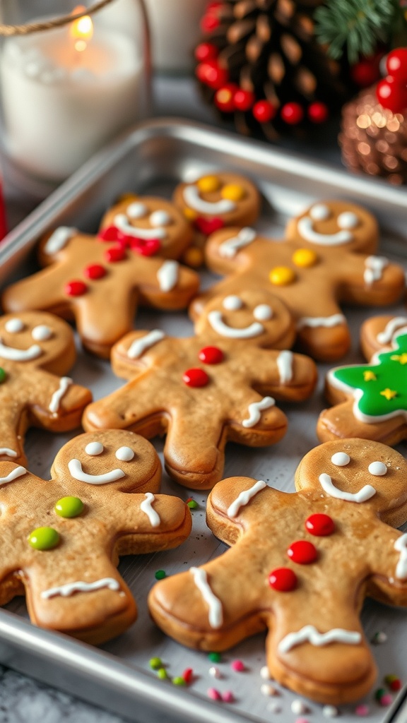 A tray of decorated gingerbread men cookies with colorful icing and candies.