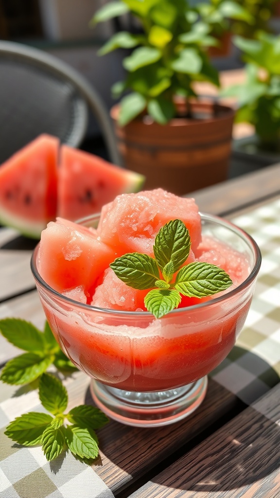 A bowl of watermelon sorbet with mint leaves on a wooden table