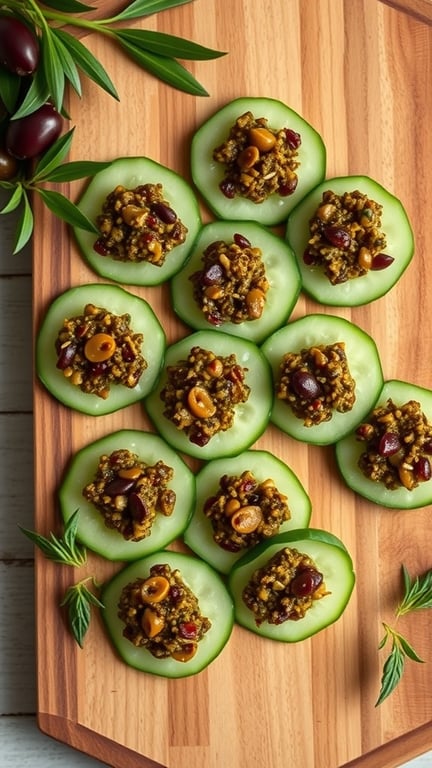 Cucumber slices topped with olive tapenade on a wooden board