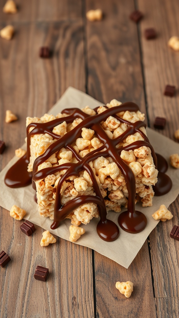 Chocolate Caramel Swirl Rice Krispie Treats drizzled with chocolate and caramel on a wooden surface
