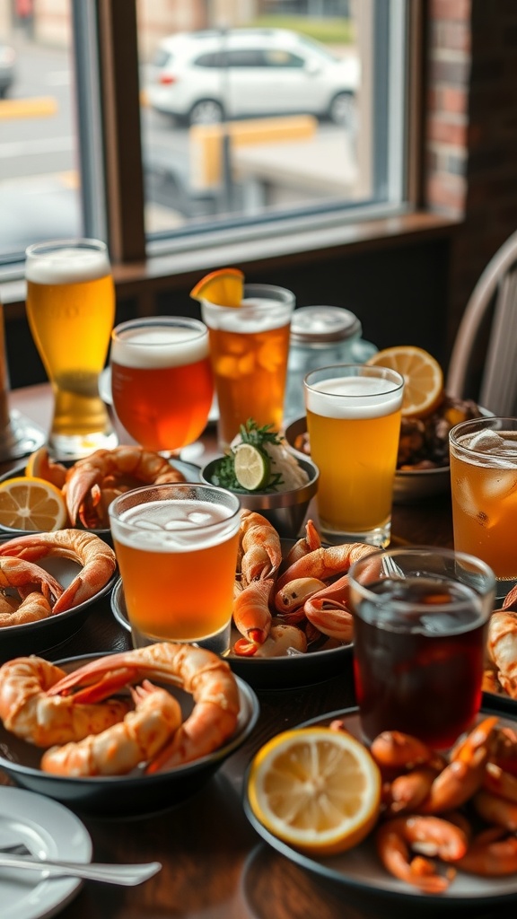 A table filled with seafood, drinks, and party treats for a seafood boil.