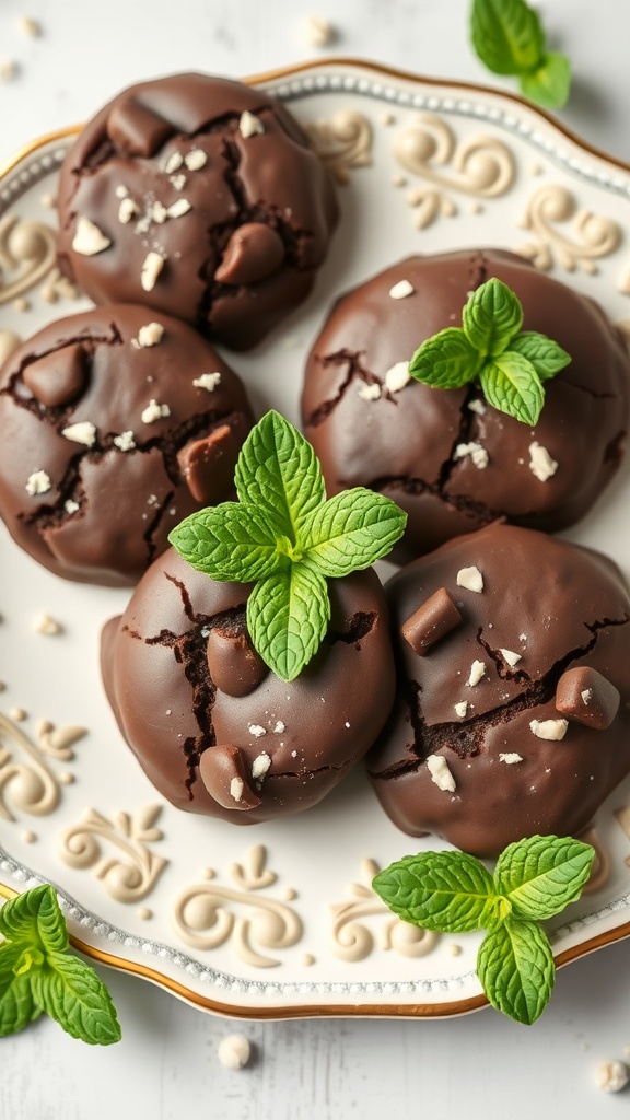 Mint chocolate no bake cookies on a decorative plate with mint leaves