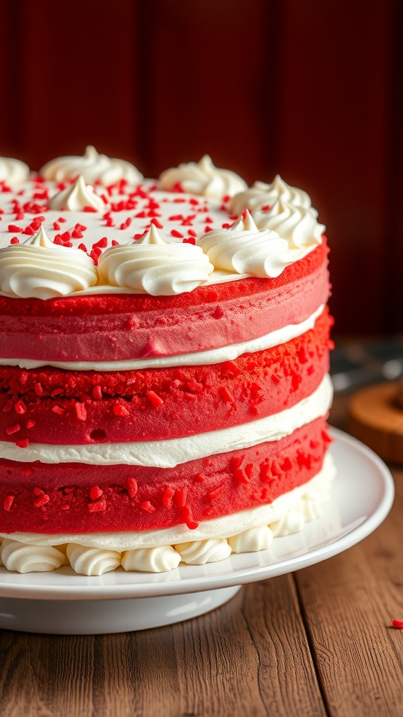A vibrant Fire Engine Red Layer Cake with three layers, topped with whipped cream and red sprinkles.