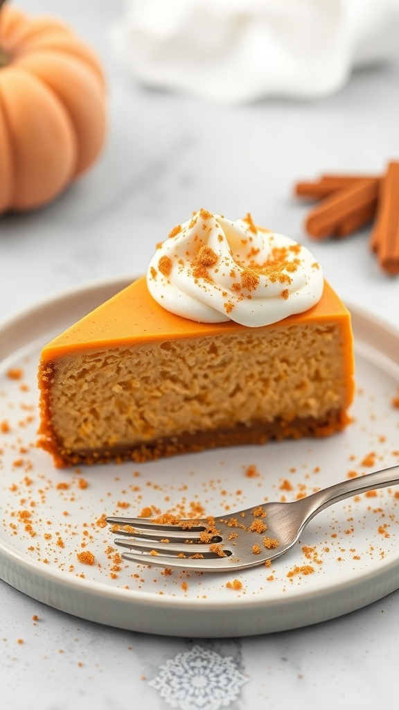 A slice of pumpkin cheesecake with whipped cream and a sprinkle of cinnamon on a plate.