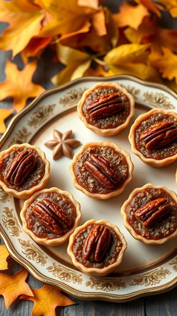 A plate of pecan pie bites with whole pecans on top, surrounded by autumn leaves.