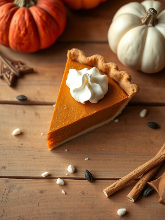 A slice of classic pumpkin pie topped with whipped cream, surrounded by decorative pumpkins and cinnamon sticks.