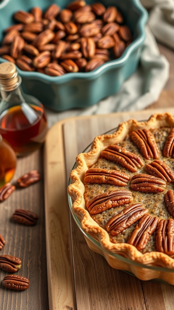 A freshly baked maple pecan pie with a golden crust and topped with pecans, alongside a bowl of pecans and a bottle of maple syrup.