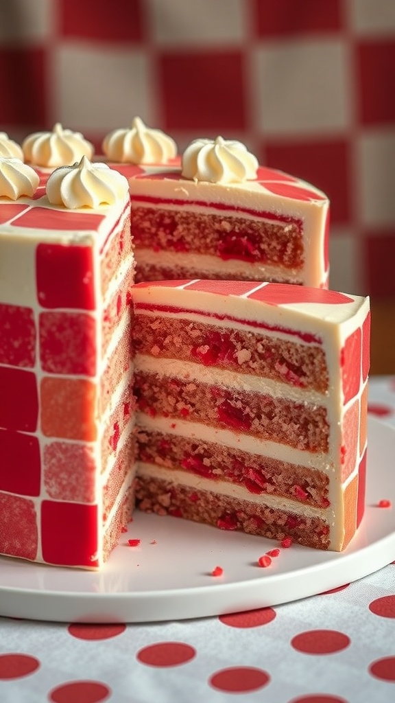 A vibrant red checkerboard cake with layers and decorative frosting.