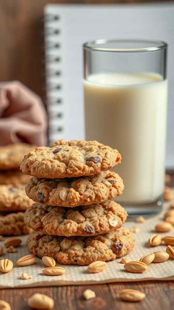 A stack of peanut butter oatmeal cookies next to a glass of milk, with peanuts scattered around.