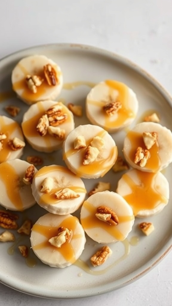 A plate of nut butter banana bites topped with caramel and nuts.