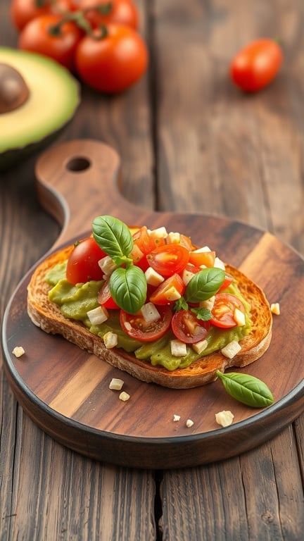 A slice of toasted bread topped with mashed avocado, cherry tomatoes, and basil leaves on a wooden serving board.