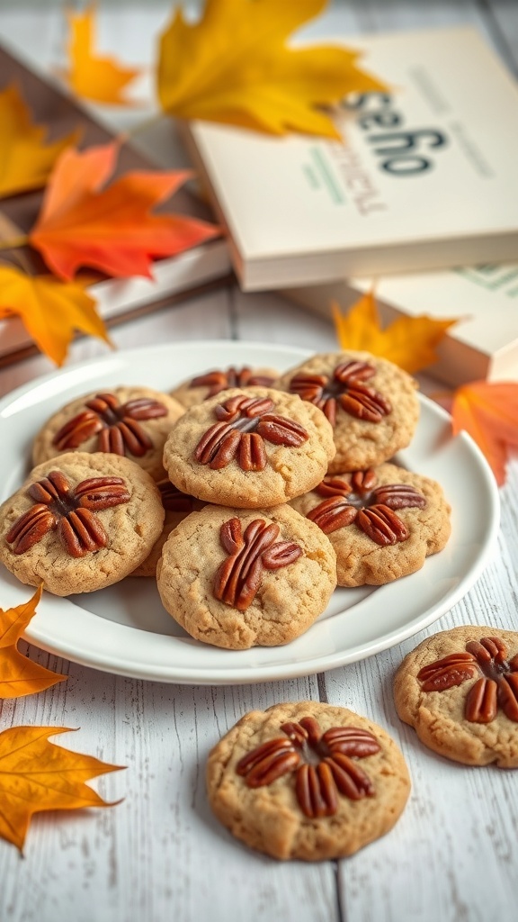 A plate of maple pecan cookies with fall leaves and books in the background