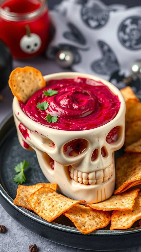 A spooky skull-shaped bowl filled with red beetroot dip, surrounded by tortilla chips.