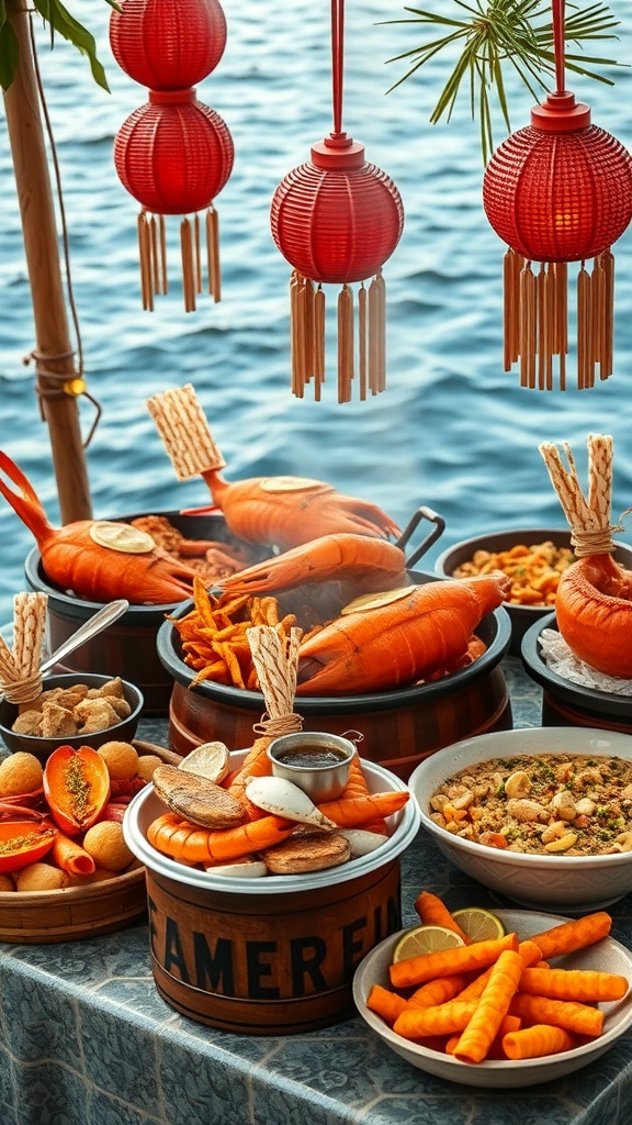 A seafood boil setup with red lanterns, various seafood dishes, and sides by the water.