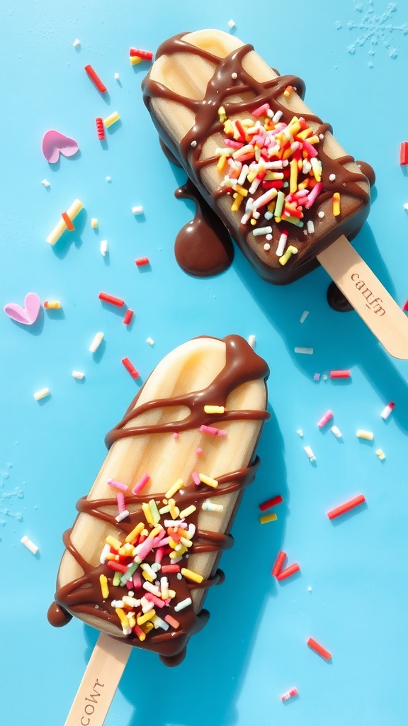 Two frozen banana pops coated in chocolate and topped with colorful sprinkles, set against a blue sky.