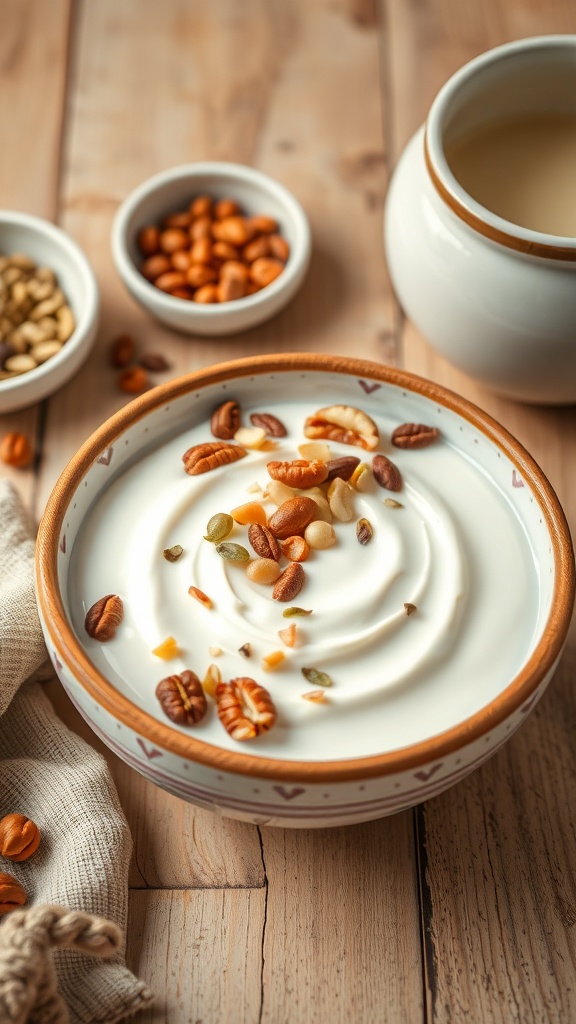A bowl of Greek yogurt topped with a variety of nuts and seeds, with additional bowls of nuts in the background.