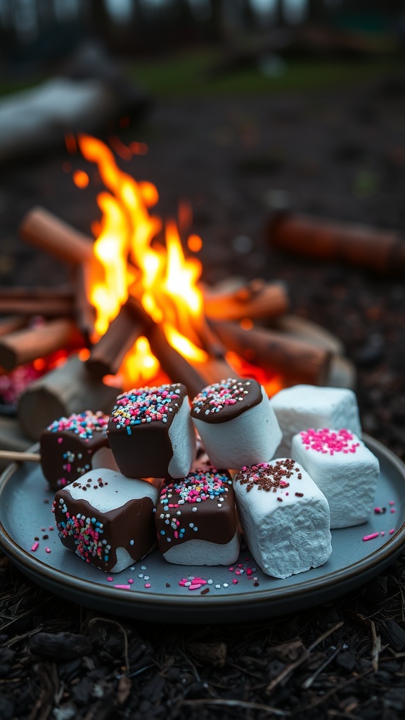 Plate of chocolate-dipped marshmallows with colorful sprinkles, in front of a campfire.