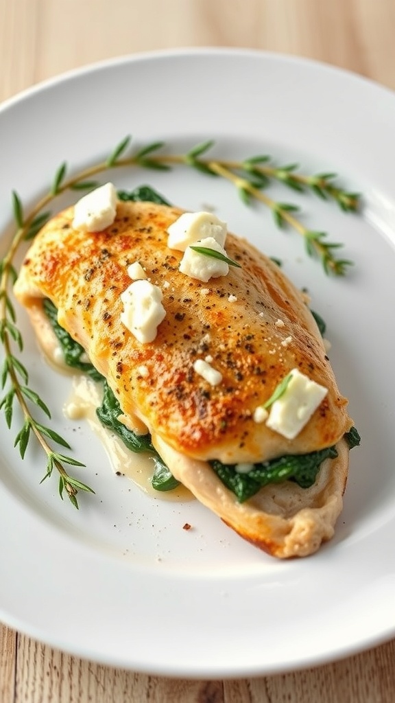 A plate of Spinach and Feta Stuffed Chicken Breast garnished with herbs.