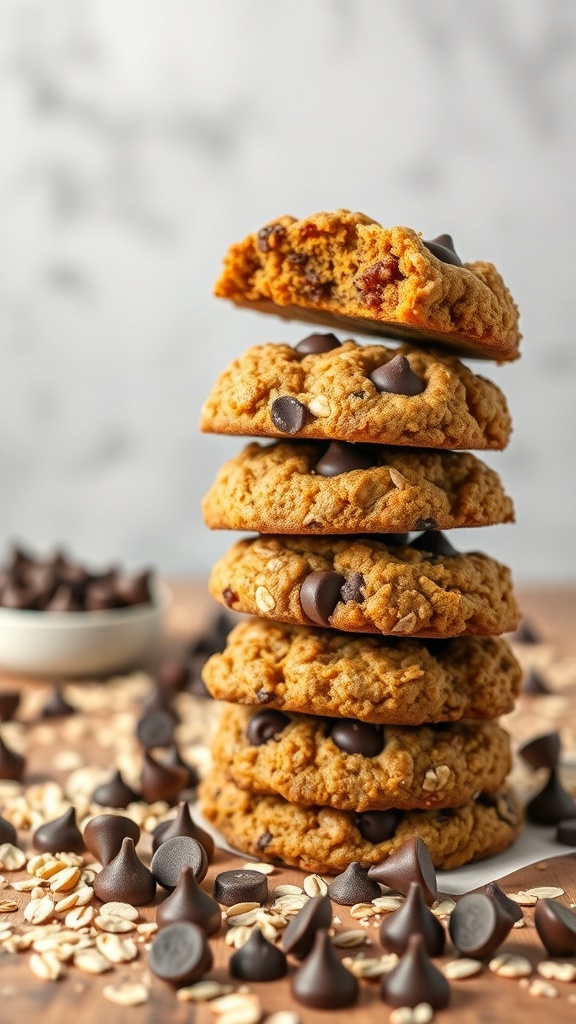 A stack of pumpkin chocolate chip oatmeal cookies with chocolate chips scattered around.