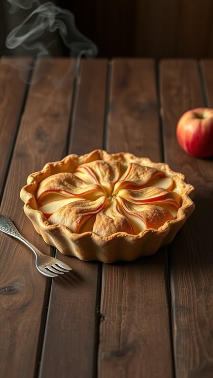 A freshly baked apple pie with a flaky crust, steam rising, and an apple beside it.