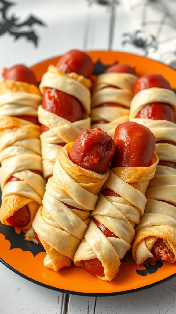 A plate of mummy hot dogs wrapped in crescent dough, resembling mummies, perfect for Halloween.