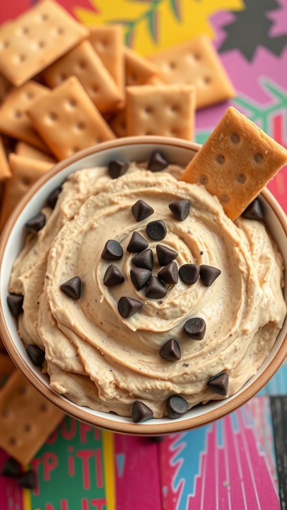 A bowl of chocolate chip cookie dough dip topped with chocolate chips, surrounded by crackers.
