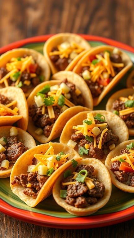 A colorful plate of mini taco bites filled with beef, cheese, and fresh toppings.