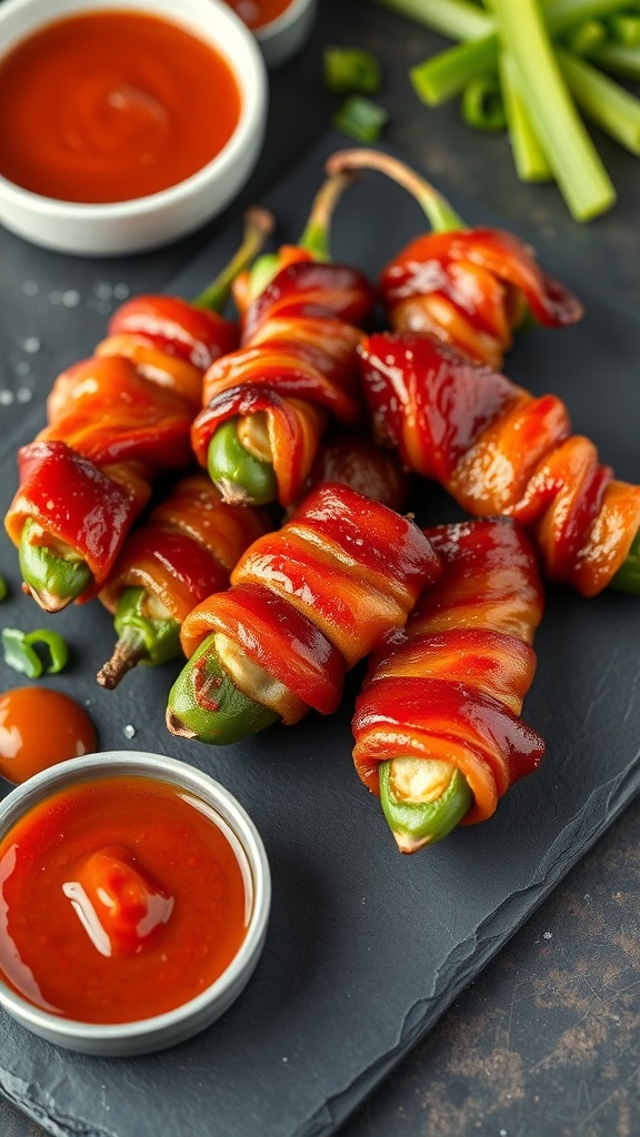Bacon-wrapped jalapeño poppers on a slate board with dipping sauce