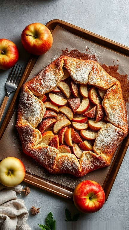A delicious apple cinnamon galette with a golden crust and sliced apples, surrounded by fresh apples on a baking tray.