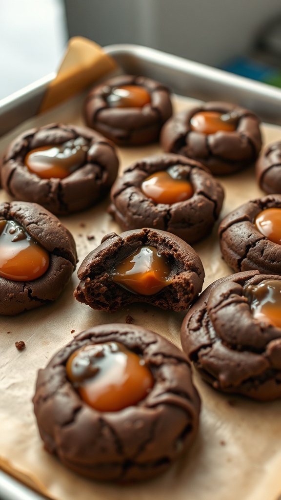 A tray of caramel stuffed chocolate cookies, some whole and one broken open to reveal the gooey caramel inside.