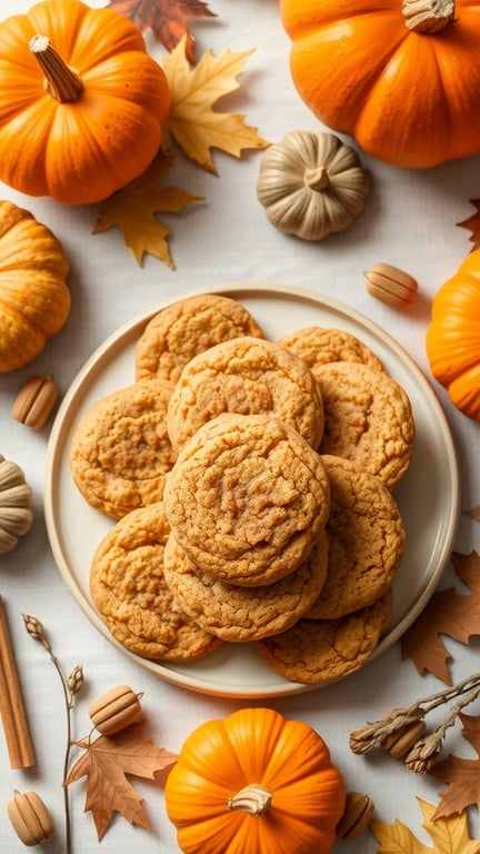 A plate of no-bake pumpkin spice cookies surrounded by pumpkins and autumn leaves.
