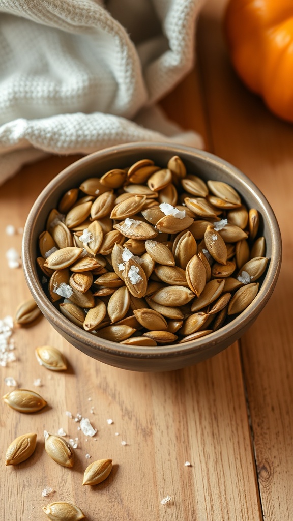 A bowl of roasted pumpkin seeds with some scattered on a wooden table, alongside a pumpkin and a cloth.