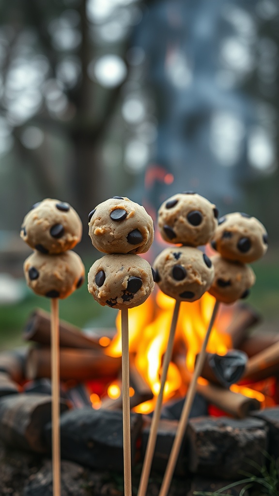 Chocolate chip cookie dough balls on skewers, roasting over a campfire.