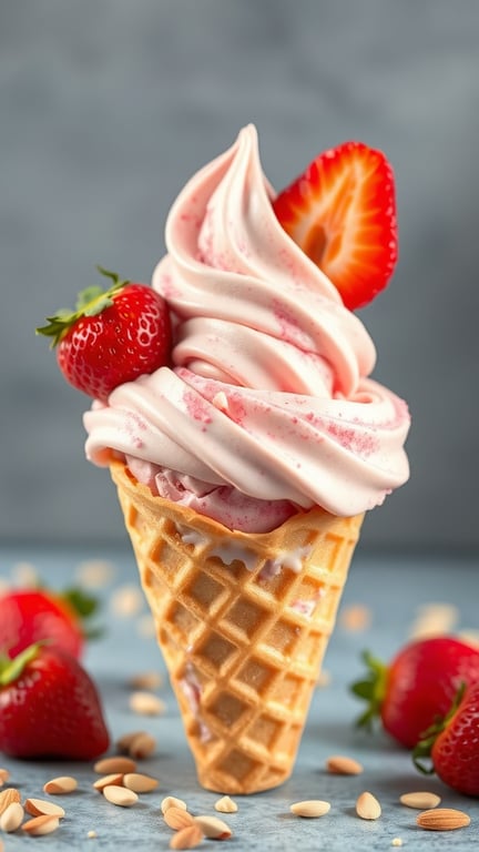 A delicious swirl of strawberry ice cream in a waffle cone, topped with fresh strawberries and almond slivers.