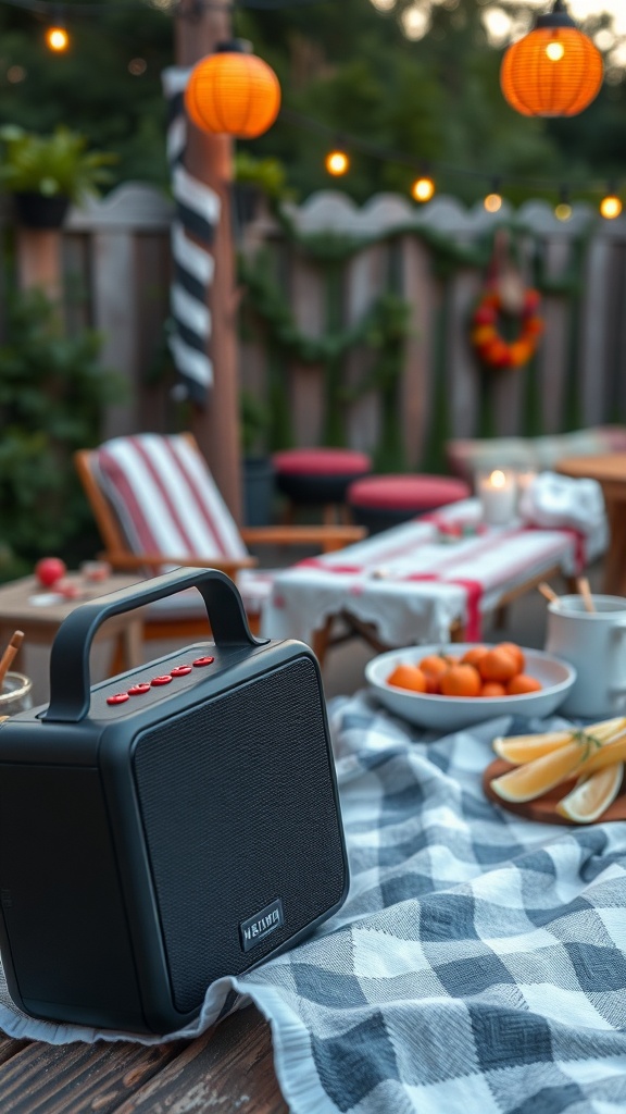 A cozy outdoor setting with a portable speaker, snacks, and string lights, perfect for a seafood boil party.
