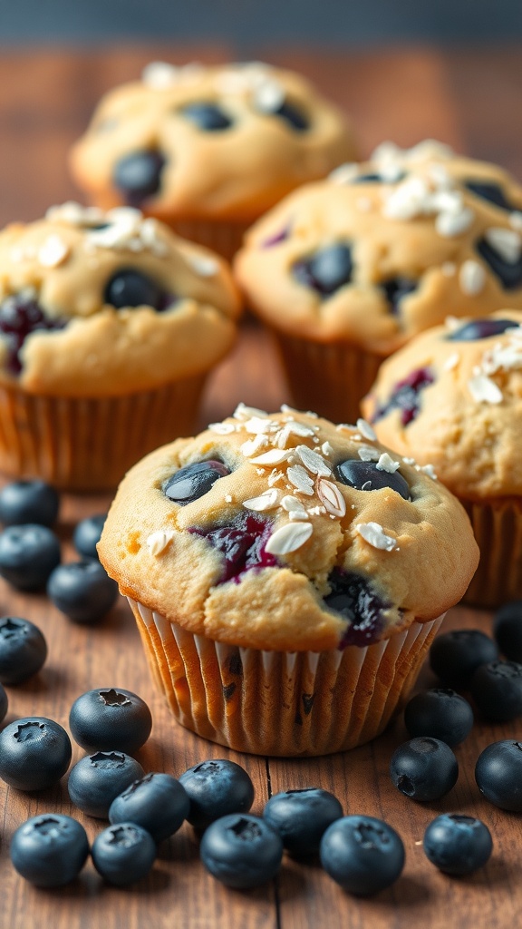 Almond flour blueberry muffins on a wooden table with fresh blueberries scattered around.
