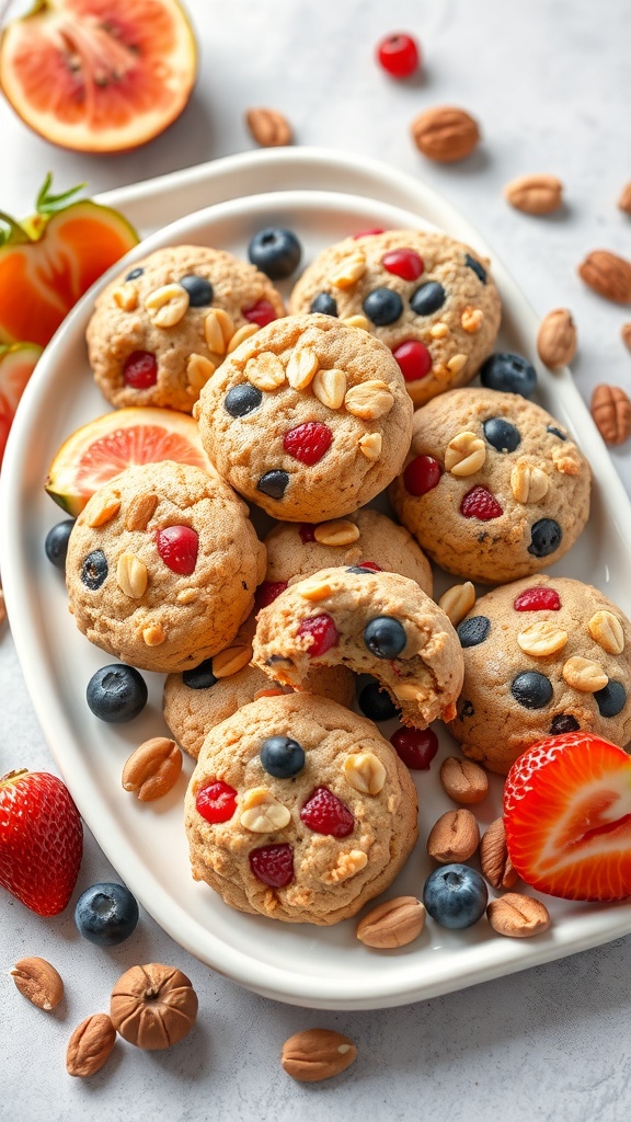 A plate of colorful fruit and nut no bake cookies with almonds and berries.