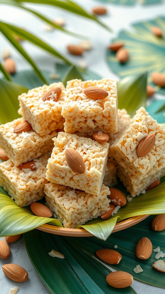 A plate of Almond Joy Rice Krispie Treats topped with almonds, surrounded by coconut flakes and almonds on a tropical leaf background.