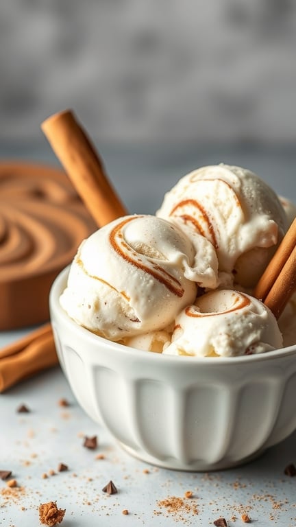 A bowl of cinnamon roll keto ice cream with cinnamon sticks