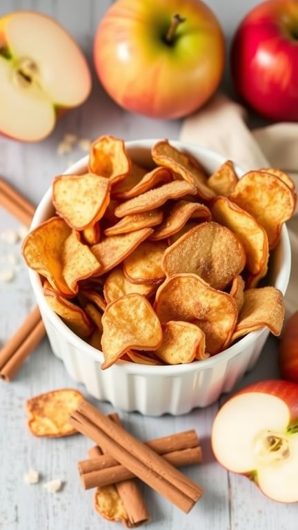 A bowl of cinnamon sugar apple chips surrounded by fresh apples and cinnamon sticks.