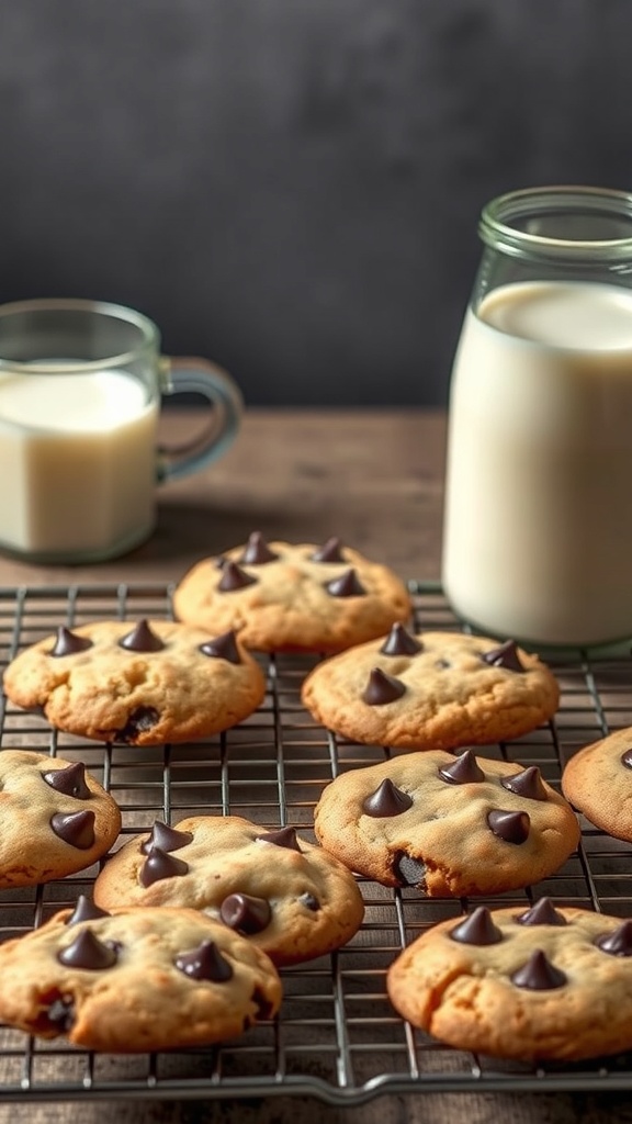 Freshly baked coconut flour chocolate chip cookies cooling on a wire rack with a glass of milk
